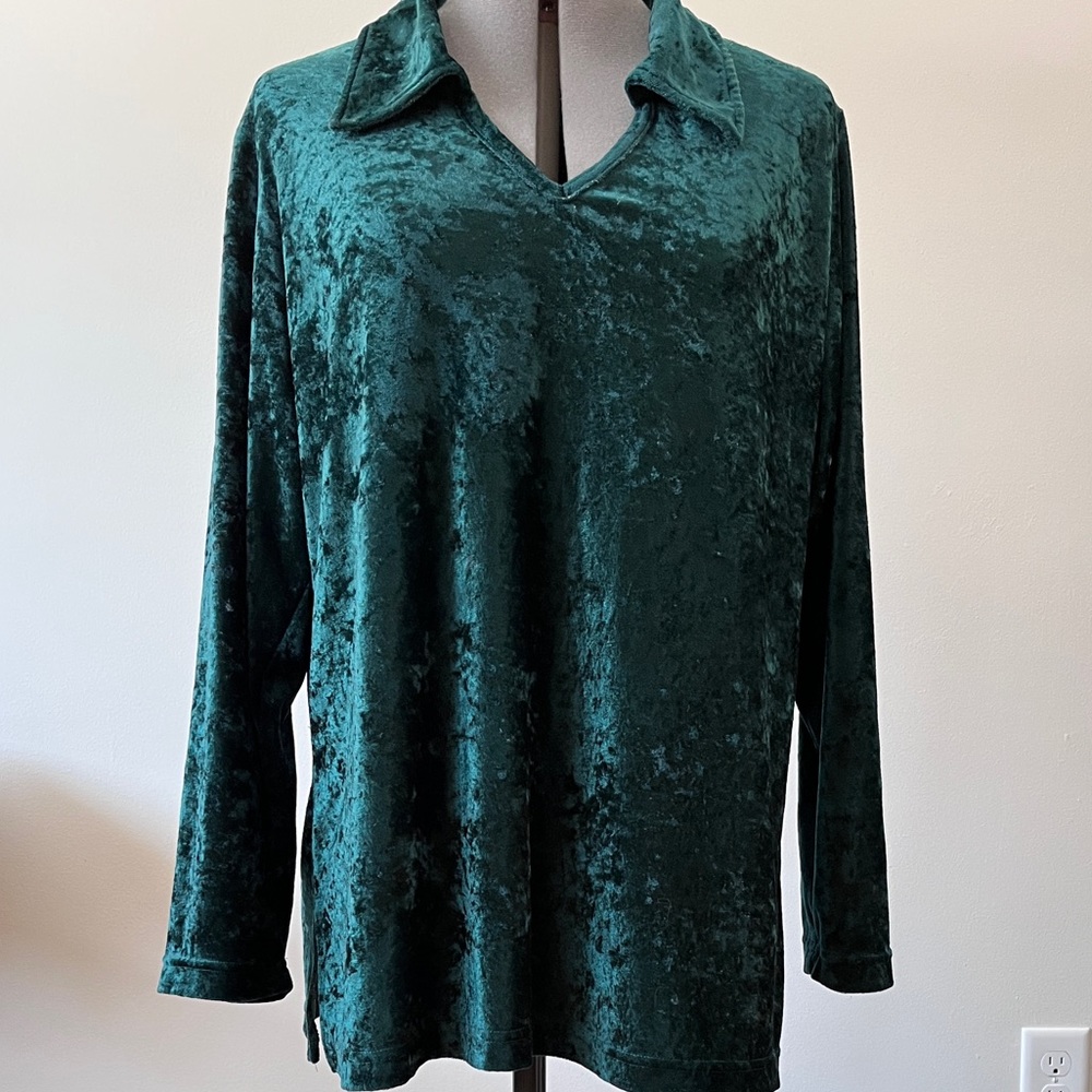 Barbara Mac VINTAGE Green Crushed Velvet V Neck with Collar Shirt Top Large L